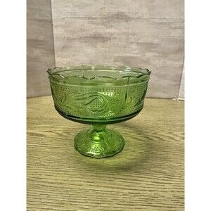 Vintage E.O. Brody Green Glass Pedestal Compote Candy Dish Footed Bowl USA